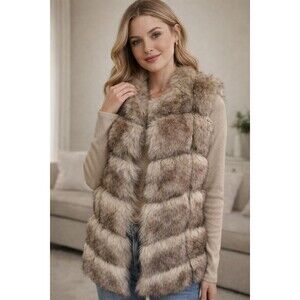 Kelli Kouri Women’s Tan Faux Fur Vest Plush Sleeveless Open Front Coat Size S